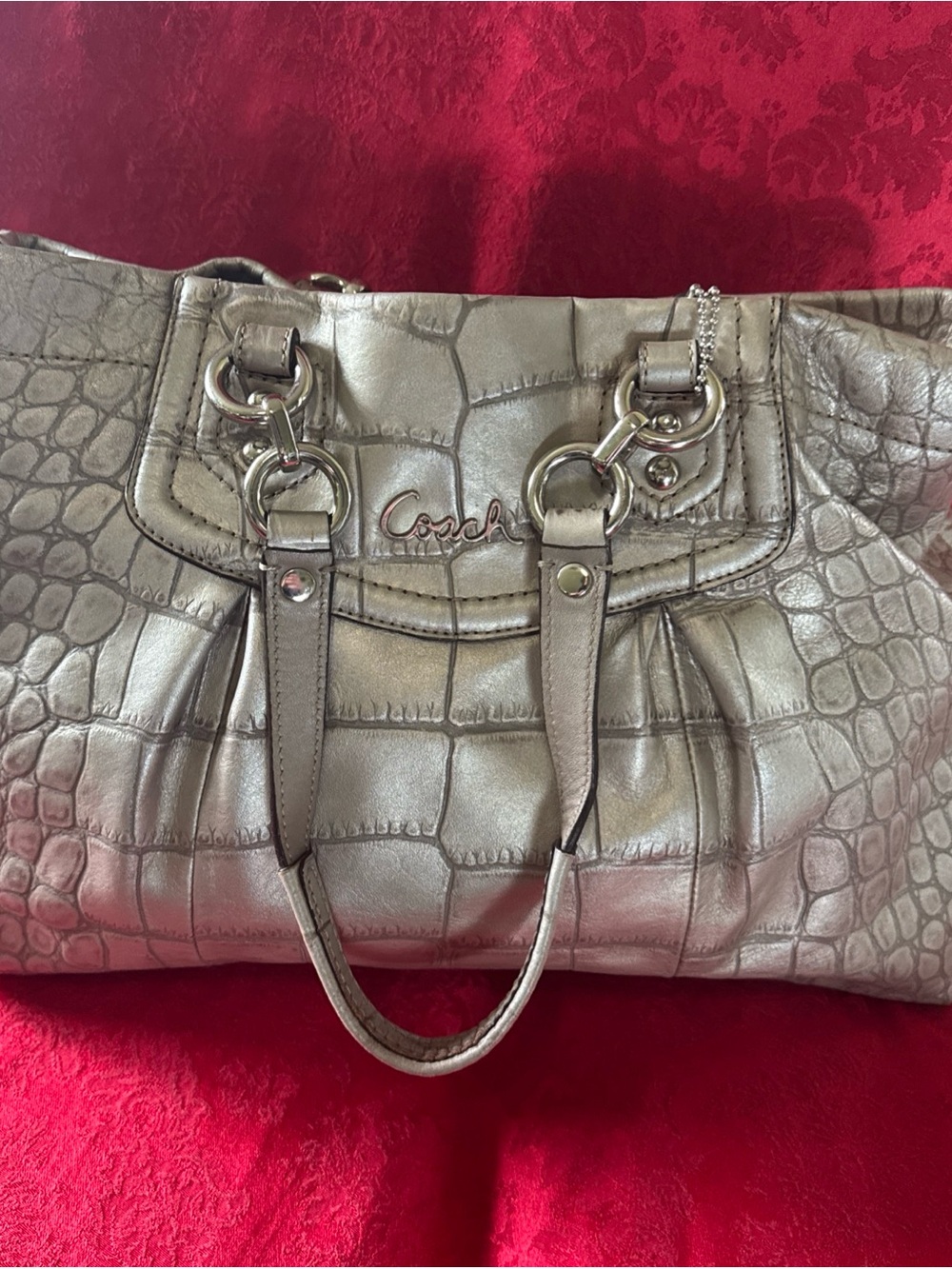 Coach Metallic Croc-Embossed Leather Tote - Silver